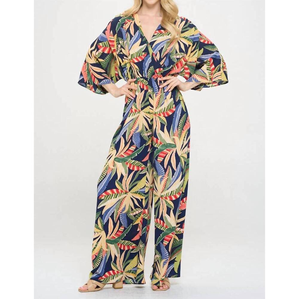 NEW RENEEC. tropical print v neck wide leg jumpsuit in navy